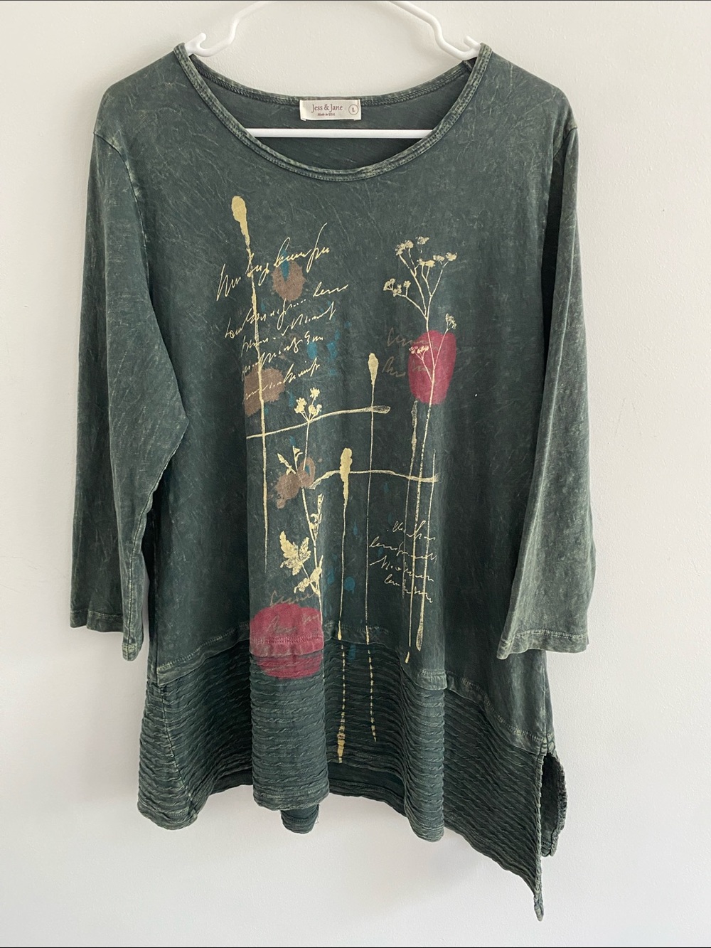 Jess & Jane Arsty Asymmetrical L/S Mineral Washed Tunic Forest Green Size LARGE